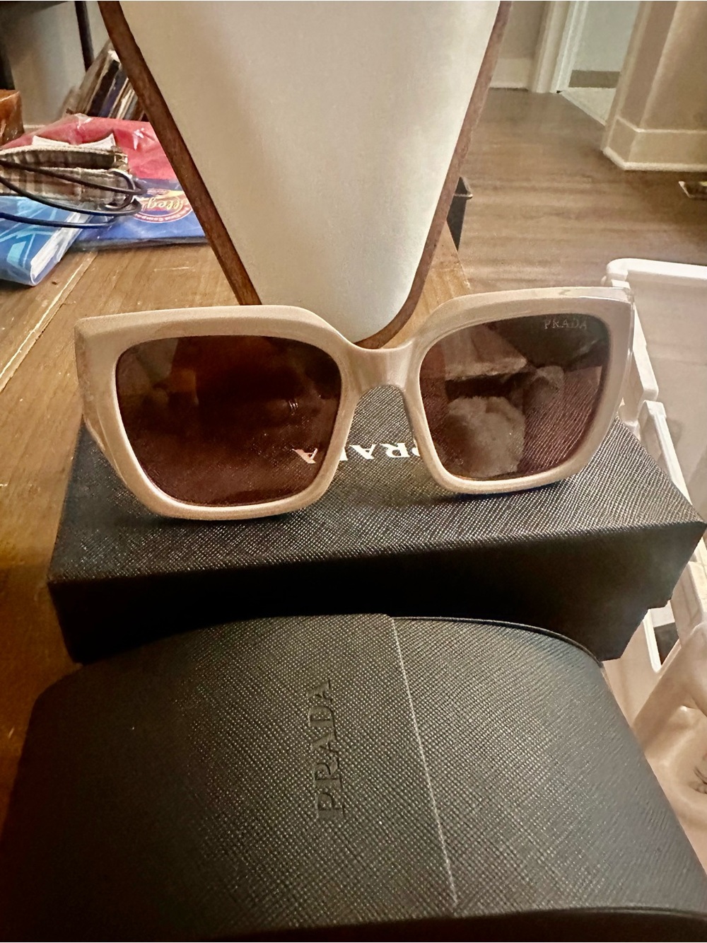 Prada Women’s Cream Square Sunglasses with Brown Lenses